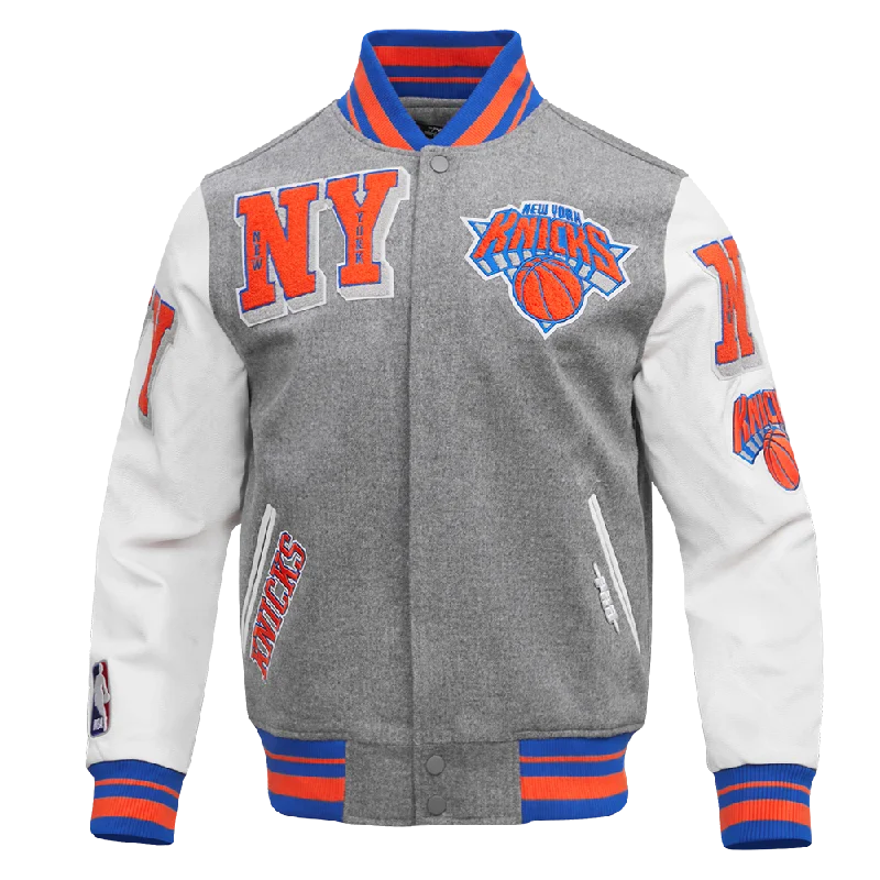 NBA NEW YORK KNICKS MASHUP MEN'S RIB WOOL VARSITY JACKET (HEATHER GREY/ROYAL/ORANGE) Cotton Jacket Linen Jacket Terry Jacket