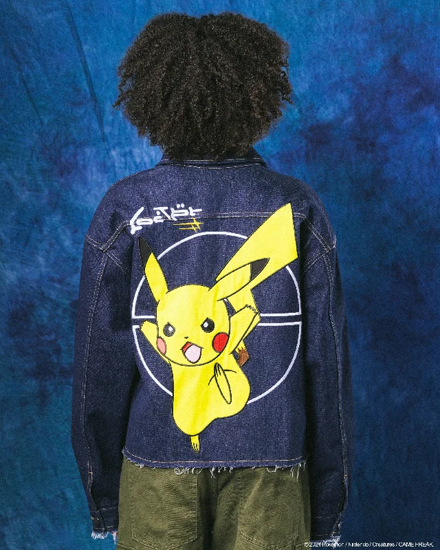 Pokémon By Loiter Pikachu Denim Jacket Indigo Trench Coat Raincoat Waterproof Jacket