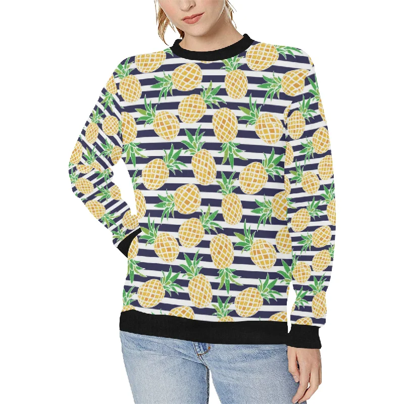 Pineapples pattern striped background Women's Crew Neck Sweatshirt Hoodie with Emblem Brand Identity
