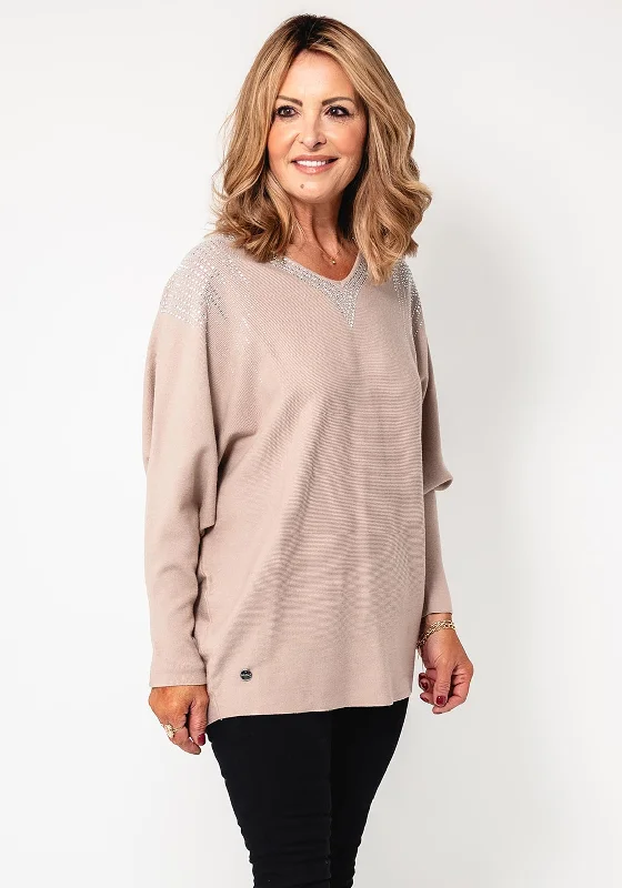 Malissa J Diamante Embellished One Size Jumper, Beige Ribbed Striped Patterned