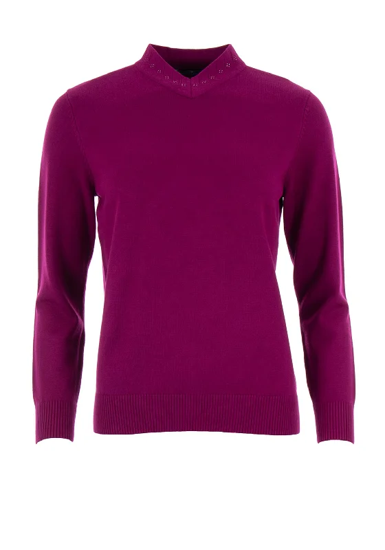 Castle of Ireland Embellished V Neck Jumper, Purple Print Jacquard Patchwork