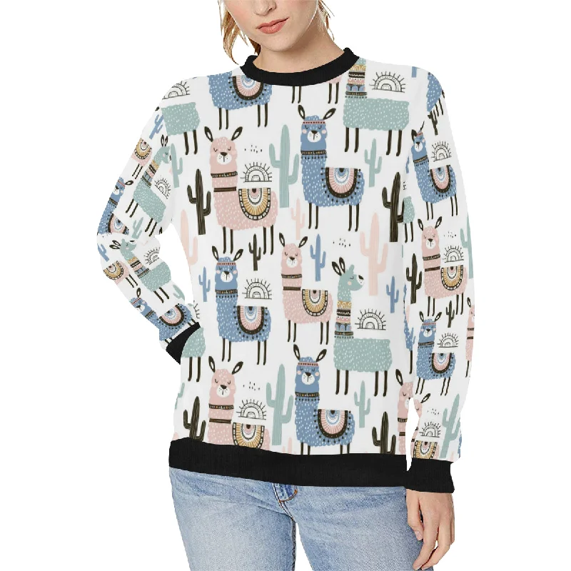 lama Alpaca cactus hand drawn pattern Women's Crew Neck Sweatshirt Hoodie with Crew Neck Simple Timeless