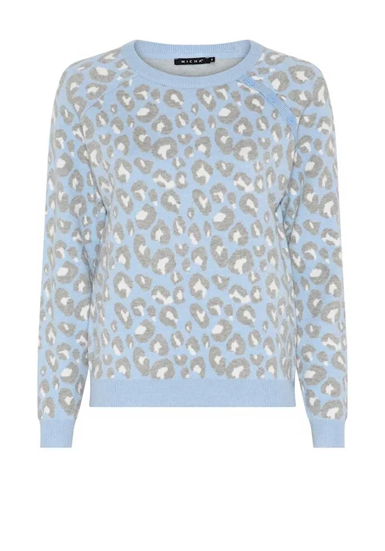 Micha Leopard Printed Button Trim Jumper, Blue Lace Blend Ribbed Blend Corduroy Blend
