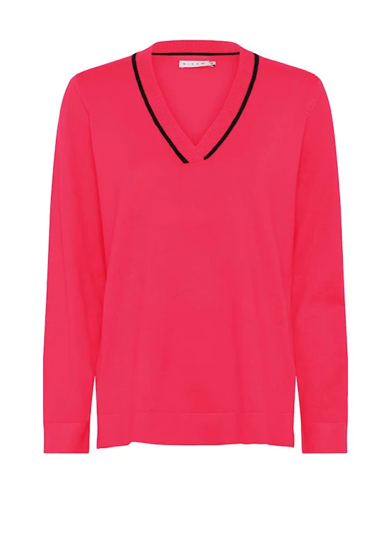 Micha V Neck Sweater, Cerise Pink Notch Collar Peter Pan Collar Cowl Neck