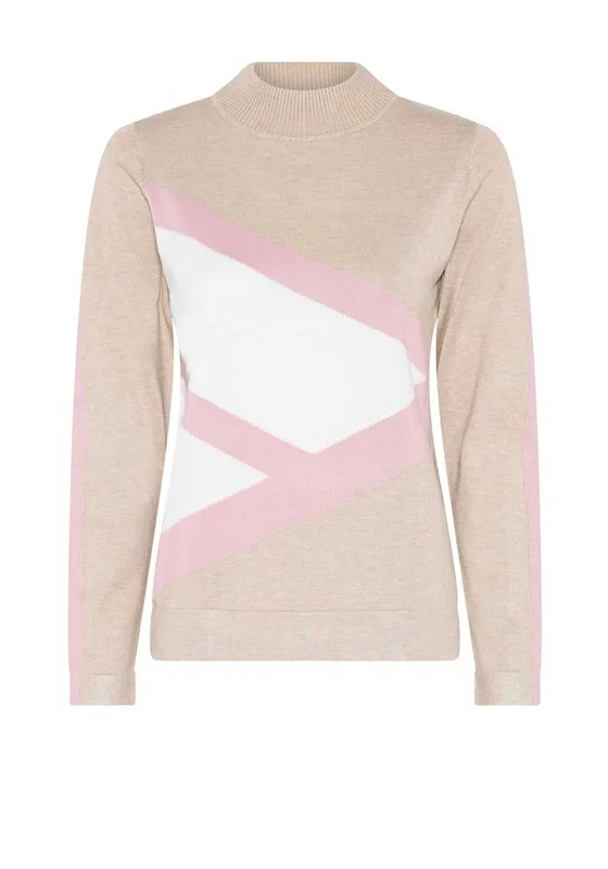 Micha Colour Block Funnel Neck Jumper, Beige Terry Blend Velvet Blend Canvas Blend
