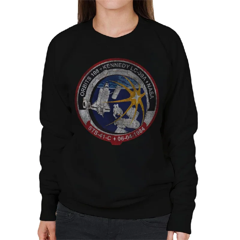 NASA STS 41 C Challenger Mission Badge Distressed Women's Sweatshirt Hoodie with Side Slits Relaxed Casual