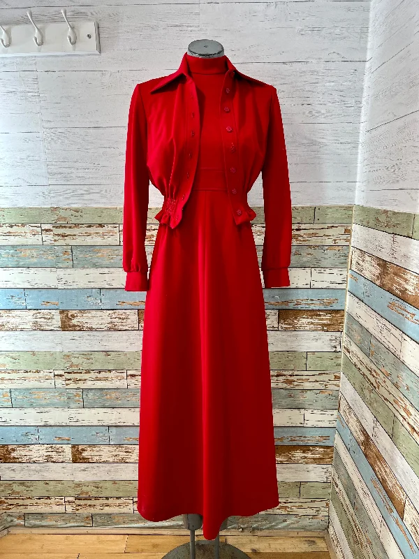 70’s Red Maxi Dress Whit Crop Jacket 2 piece Set Wool Jacket Cashmere Jacket Tweed Jacket