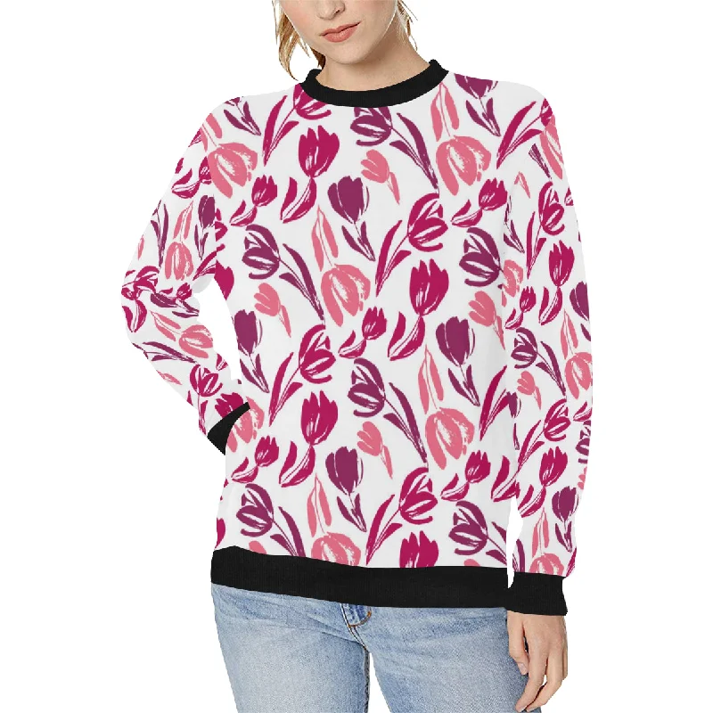pink sketch tulip pattern Women's Crew Neck Sweatshirt Hoodie with Embroidery Detailed Premium