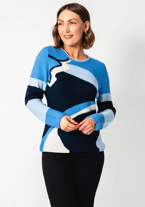 Rabe Printed Round Neck Jumper, Blue Cable Knit Ribbed Knit Lace Knit