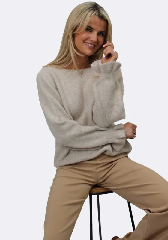 Kate & Pippa Bliss Bow Knit One Size Jumper, Beige Houndstooth Herringbone Solid