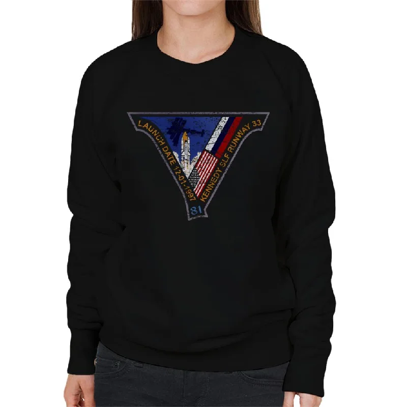 NASA STS 81 Atlantis Mission Badge Distressed Women's Sweatshirt Hoodie with Ribbed Cuffs Snug Fit Comfort