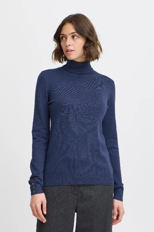 Fransa Clia Roll Neck Knit Sweater, Navy Sequined Glittery Shiny
