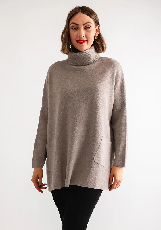 D.e.c.k by Collage One Size Roll Neck Jumper, Taupe Solid Print Embellished