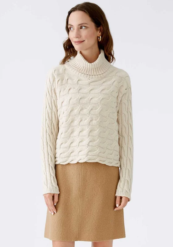 Oui Polo Neck Knitted Jumper, Cream Herringbone Houndstooth Plaid