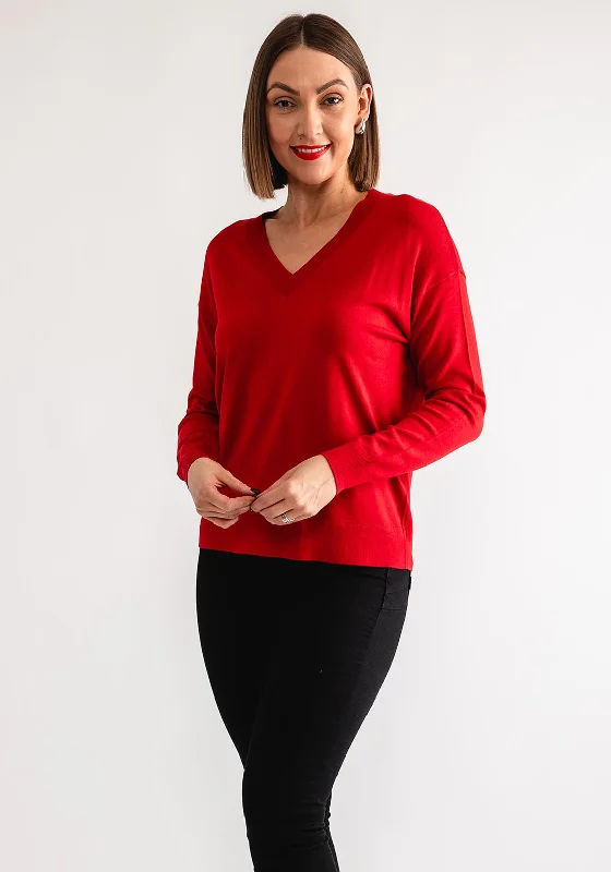 b.young Morla V Neck Sweater, Red Wool Fabric Cashmere Fabric Tweed Fabric