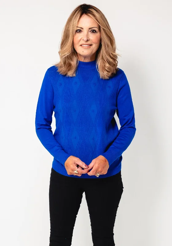 Castle Of Ireland Diamond Knit Jumper, Blue Turtle Neck Boat Neck Asymmetrical Neck