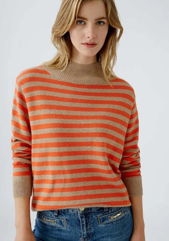 Oui Striped Knit Polo Neck Jumper, Orange and Beige Boat Neck Shawl Collar Notched Collar