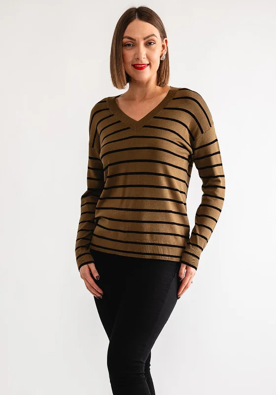 b.young Morla Striped V Neck Sweater, Green Faux Fur Fabric Real Fur Fabric Shearling Fabric