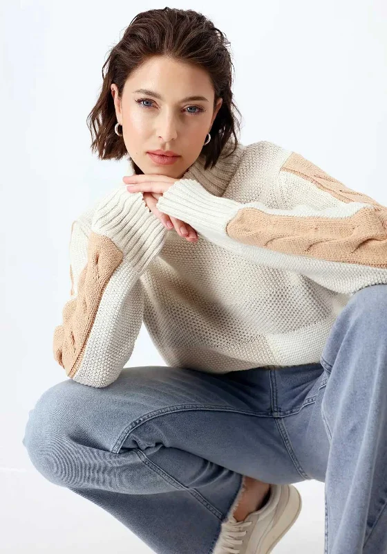 Monari Cable Knit High Neck Jumper, White Spandex Blend Rayon Blend Denim Blend