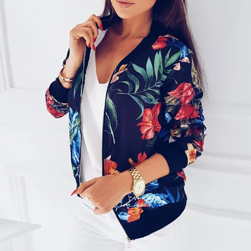 New Ladies Ribbed Trim Flower Print Bomber Jacket Women Autumn Printing Long Sleeve Casual Tops Zipper Jacket Outwear Loose Tops Tiered Jacket Buttoned Jacket Zippered Jacket