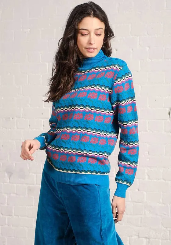 Pretty Vacant Fairisle Button Shoulder Jumper, Teal Multi Toggled Drawstring Belted