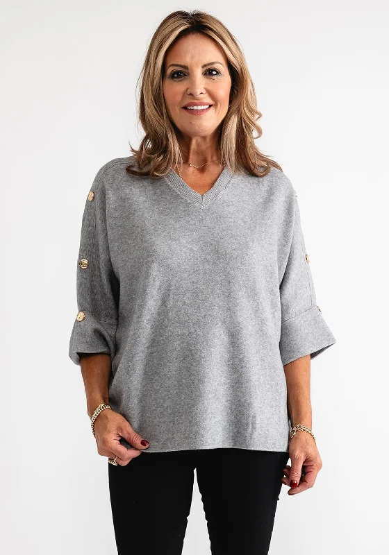 Serafina Collection Gold Button Detail Jumper, Grey Turtle Neck Boat Neck Asymmetrical Neck