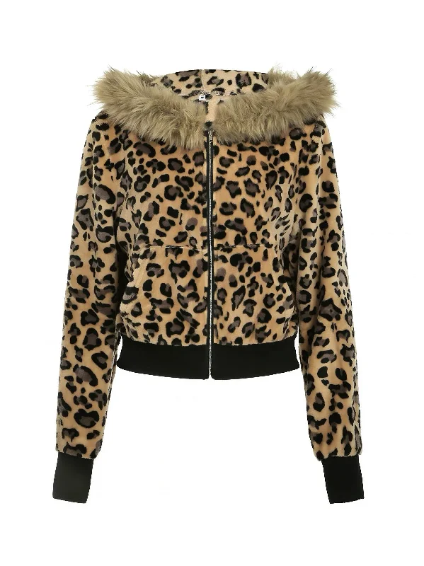 'Baddies' Y2k Cheetah Print Fluffy Hood Jacket Hooded Jacket Caped Jacket Shawl Collar Jacket