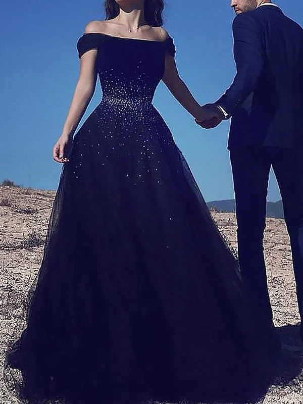 Ball Gown Sleeveless Off-the-Shoulder Beading Sweep/Brush Train Tulle Dresses TPP0001817