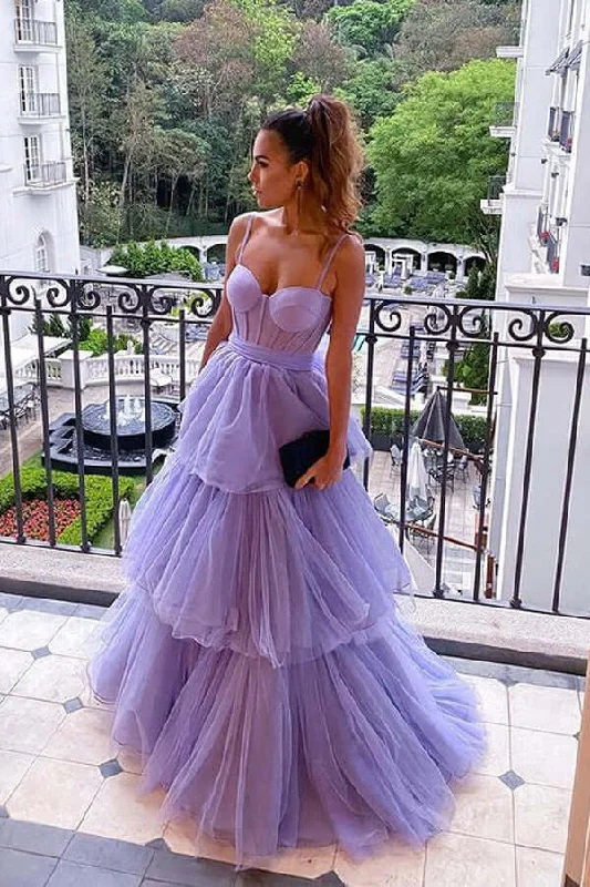 Purple Tulle Layered A-line Sweetheart Long Prom Dresses, Evening Gowns