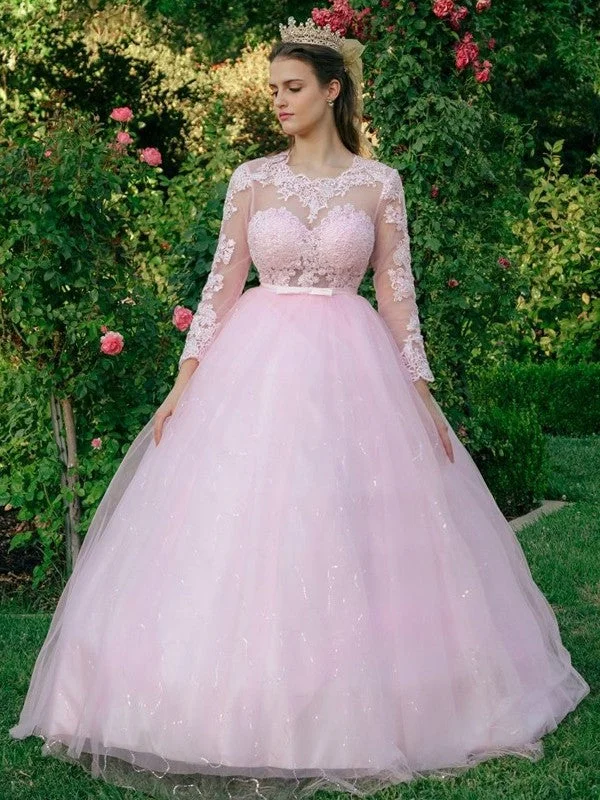 Ball Gown Tulle Scoop Lace Long Sleeves Sweep/Brush Train Dresses TPP0001597