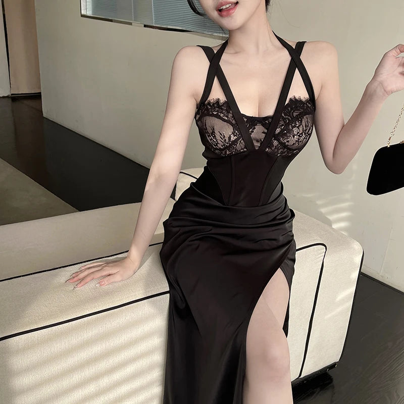 Getadme Women's Long Dresses 2024 Spring New Lace Splicing Slim Imperial Sexy High Split Spice Girl Slim Dresses