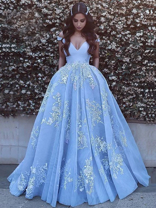 Ball Gown Sleeveless Off-the-Shoulder Applique Tulle Sweep/Brush Train Dresses TPP0001787