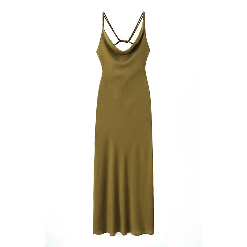 Getadme-Sexy Women Olive Green Backless Swinging Collar Satin Slip Dress