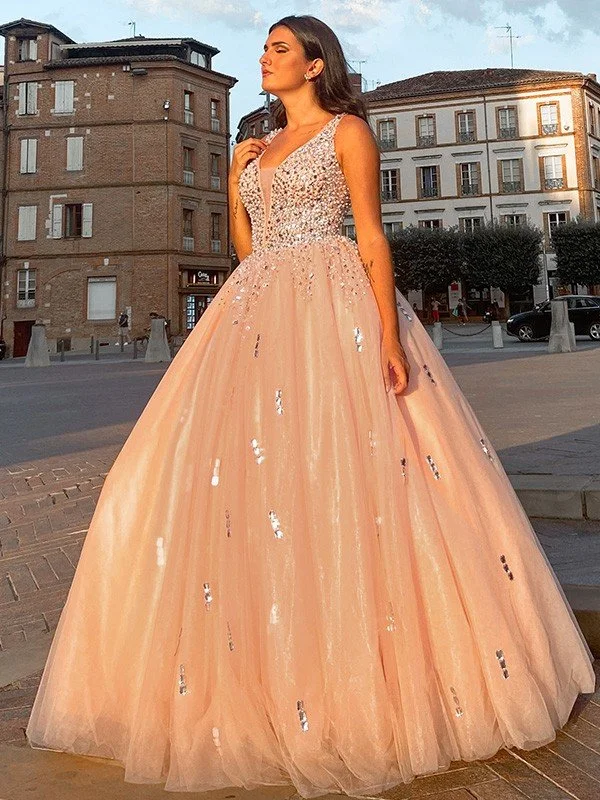Ball Gown Tulle V-neck Beading Sleeveless Floor-Length Dresses TPP0001395