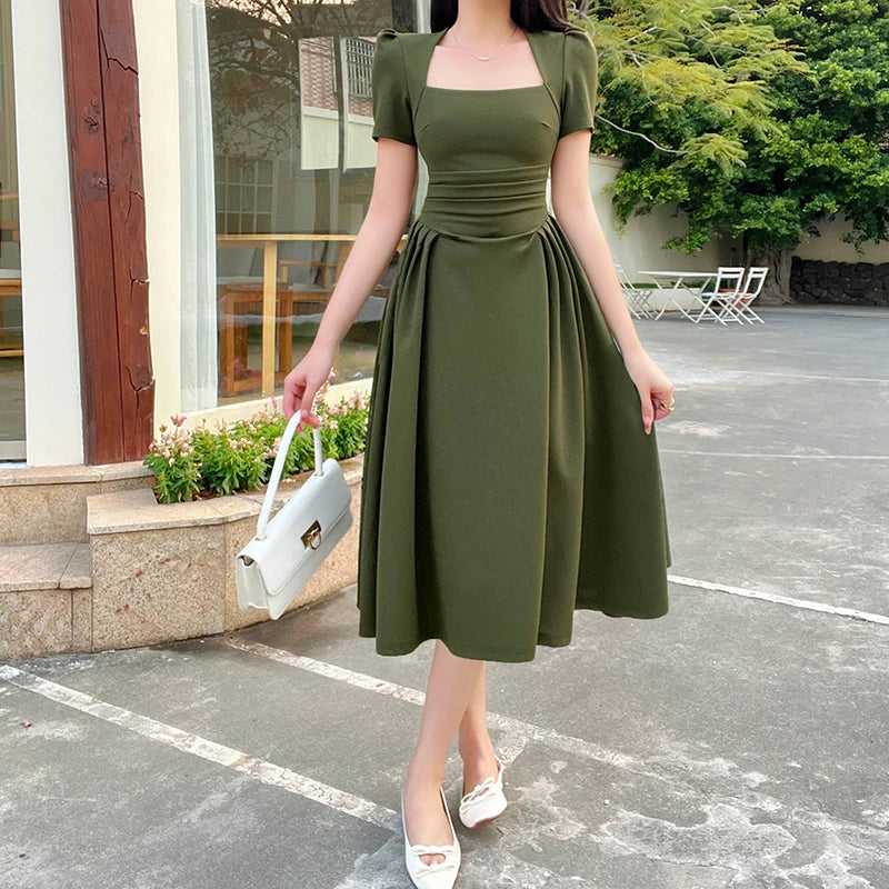 Getadme Women's Long Dresses New Top Pure Color Casual Temperament Elegant Extended Vintage Tea Break Short Sleeve Long Dresses