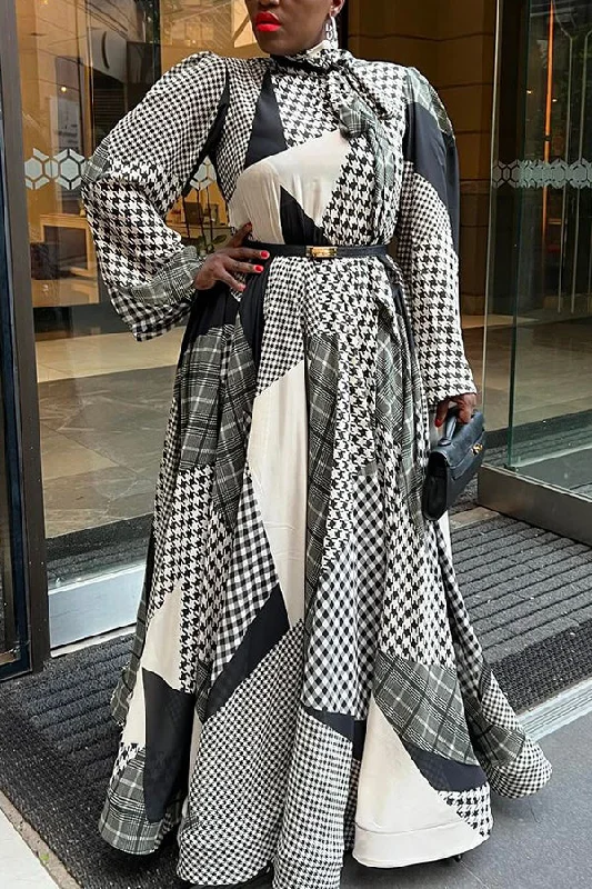 Elegant Printed Patchwork Waist Cinching Dress