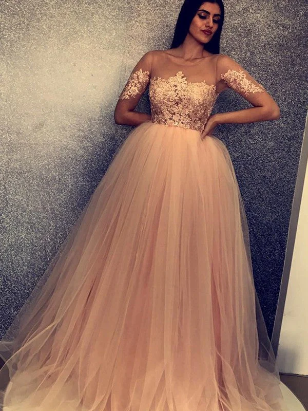 Ball Gown Short Sleeves Scoop Sweep/Brush Train Applique Tulle Dresses TPP0002615