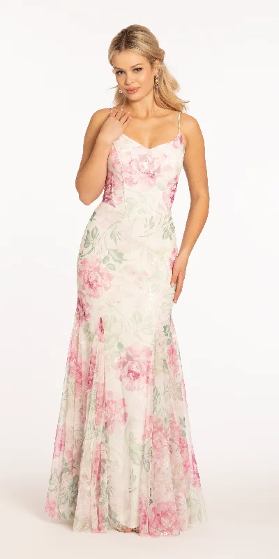Pastel Floral V Neck Corset Mesh Trumpet Dress with Mesh Godets