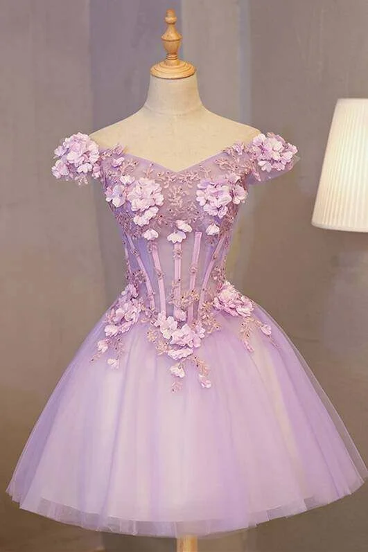 Off the Shoulder Light Purple Flower Homecoming Dress c3163