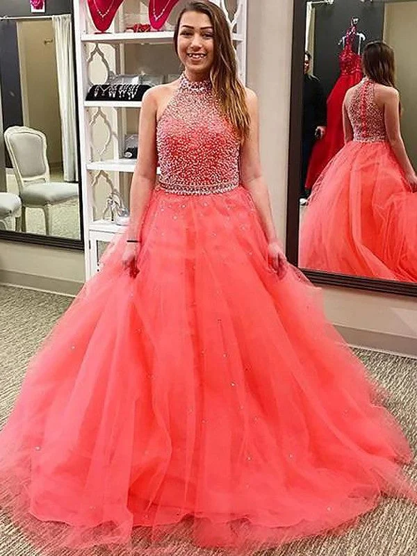 Ball Gown Sleeveless Halter Beading Floor-Length Tulle Dresses TPP0002357