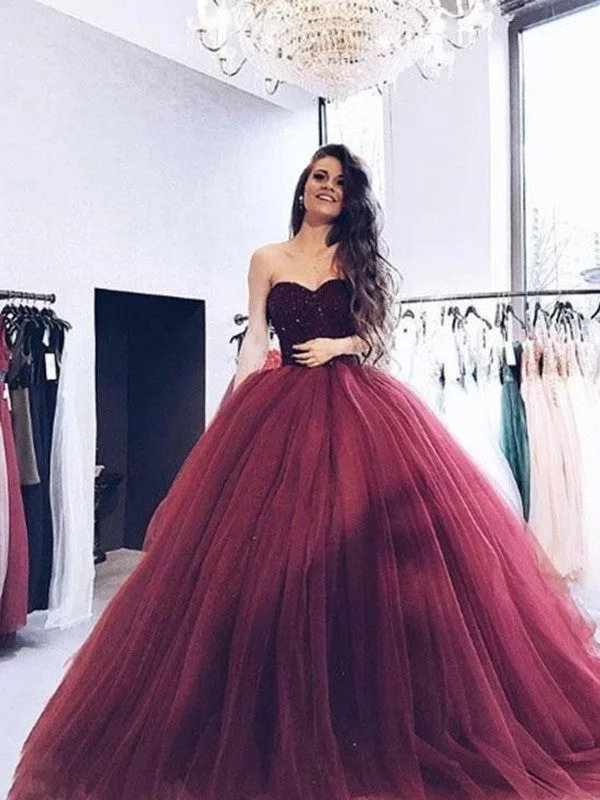Ball Gown Sweetheart Sleeveless Sweep/Brush Train Beading Tulle Dresses TPP0001725