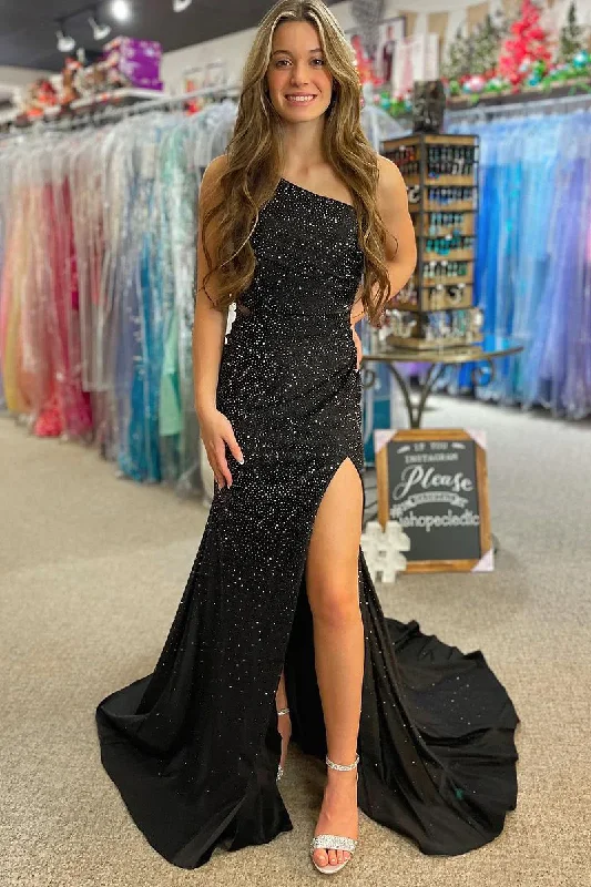Black One Shoulder Beaded Mermaid Long Prom Dresses