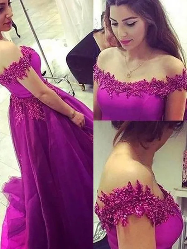 Ball Gown Sleeveless Off-the-Shoulder Applique Floor-Length Tulle Dresses TPP0002354