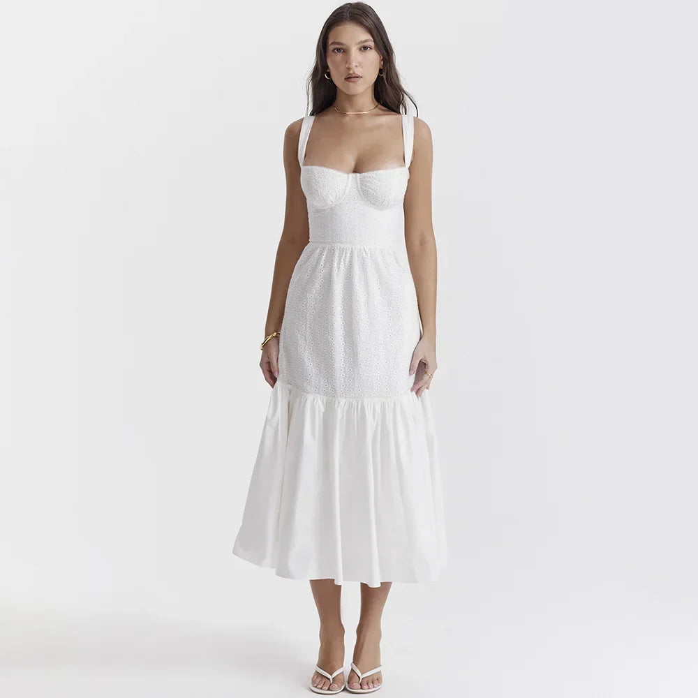 Getadme White Women's Summer Dress  Linen-cotton Blend Jacquard Dress Elegant Sexy Midi Vacation Holiday Dress