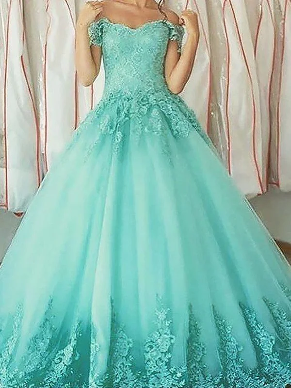 Ball Gown Sleeveless Off-the-Shoulder Applique Floor-Length Tulle Dresses TPP0001912