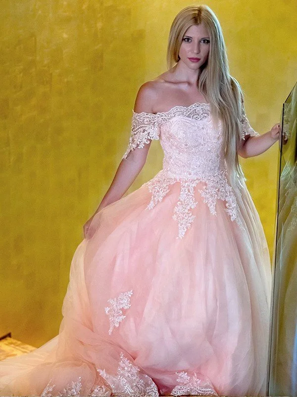 Ball Gown Tulle Lace Off-the-Shoulder Sleeveless Court Train Dresses TPP0004657