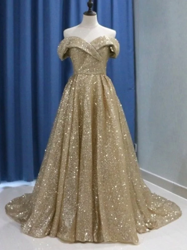 Ball Gown Sleeveless Off-the-Shoulder Sweep/Brush Train Ruffles Sequins Dresses TPP0002374