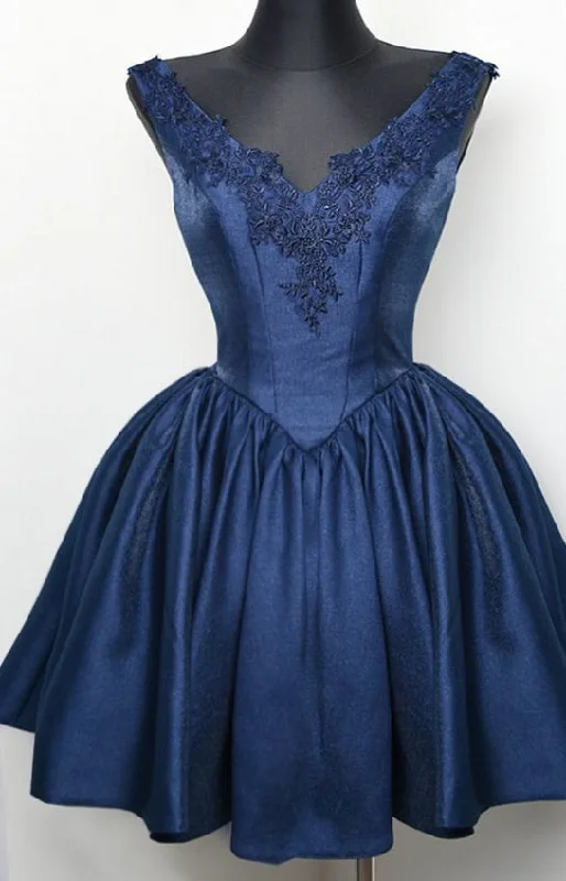 Short Satin V Neck Homecoming Dress,Swing A-Line Lace Homecoming Dresses c3203