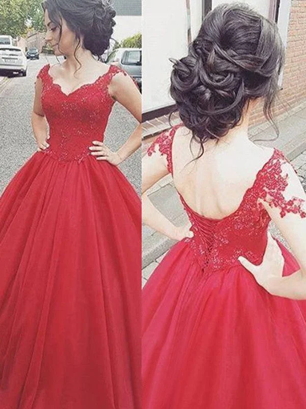 Ball Gown V-neck Sleeveless Floor-Length Applique Satin Dresses TPP0002927