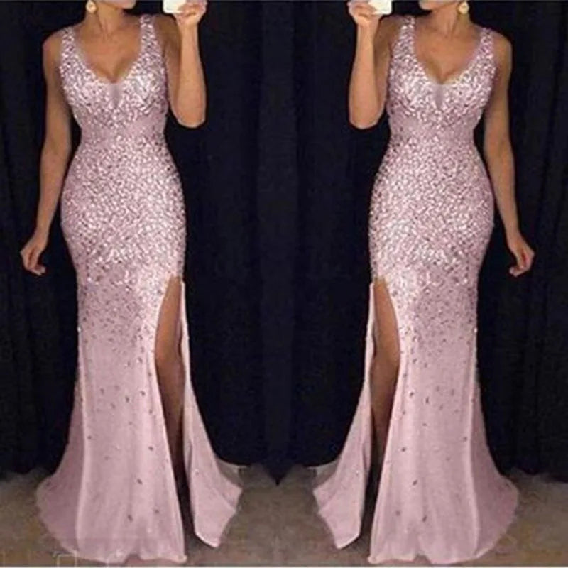 Getadme-Plus Size New 2024 Womens Long Dress with Plus Size Straps V-neck Slit and Gold Sexy Evening Dresses with Elegant Temperament